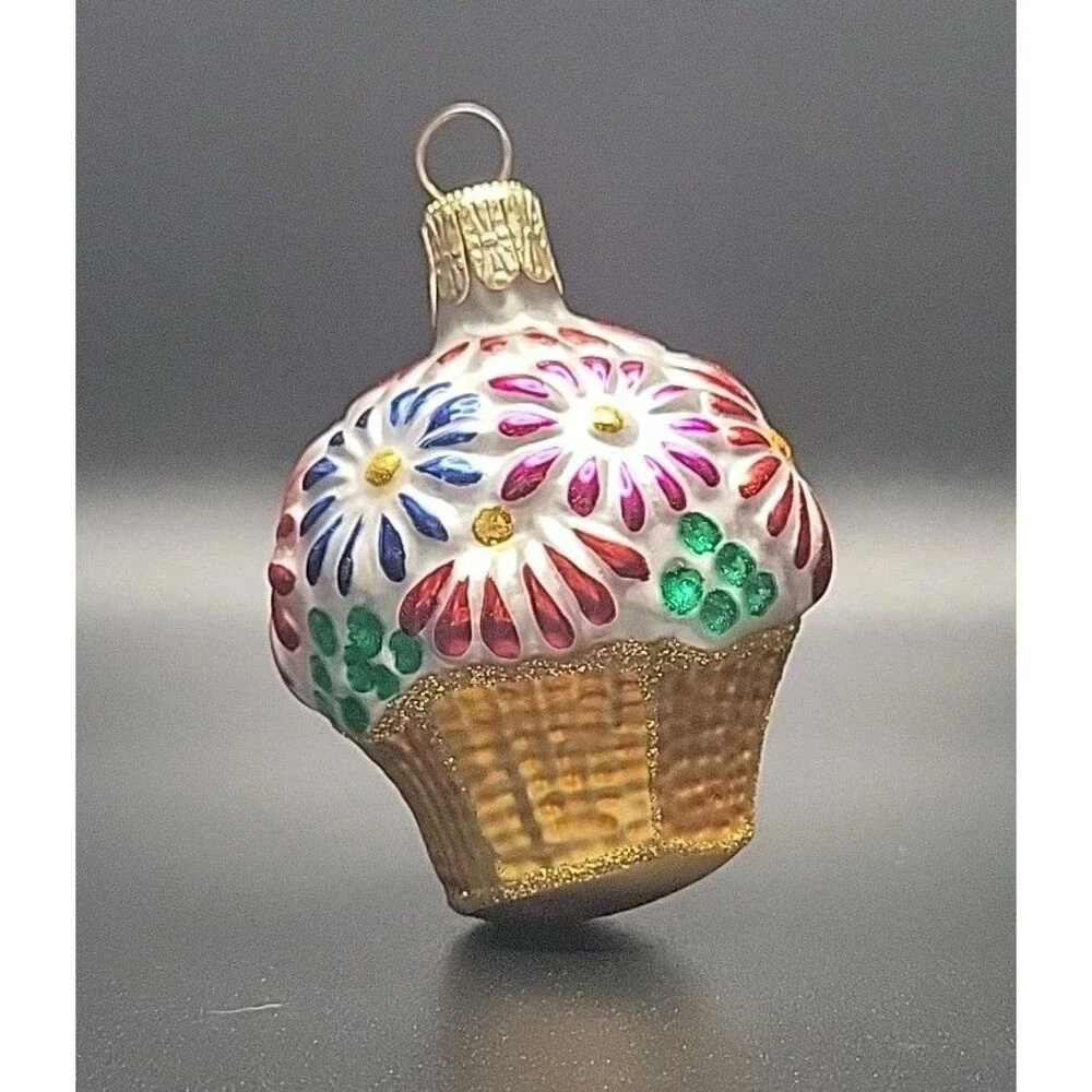 Vintage Czech Republic Blown Glass Flower Basket Christmas Ornament Mini 2.5”